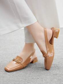 CUCCOO BIZCHIC 女士时尚链条带粗跟方头露跟浅口鞋，适合通勤、约会、派对、节日和度假 - 杏色 - 查看 3