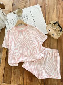 SHEIN LMoss Kids LMoss 青少年女孩休閒針織波浪圖案短袖T恤與短褲套裝 - 藕粉色 - 查看 4