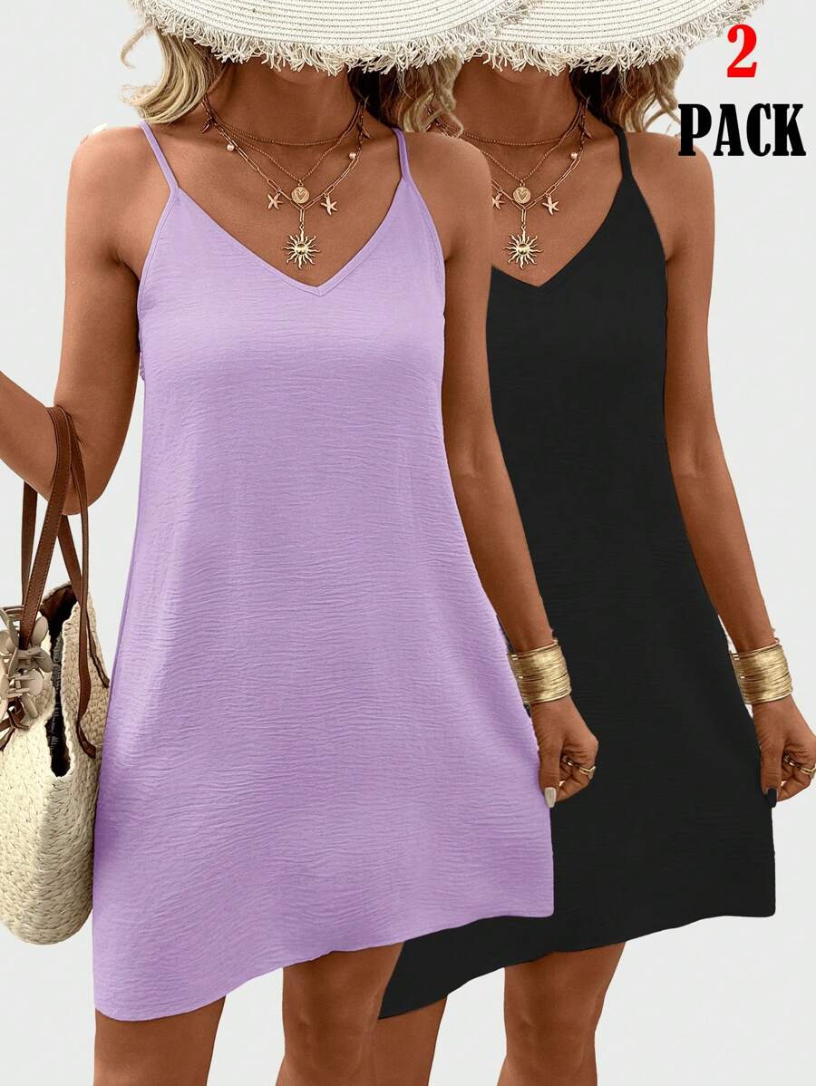 SHEIN LUNE 2 Stücke/Set Damen Lässig einfarbiges ärmelloses Mini Kleid Outfit für täglichen Sommertragen - Mauve - Übersicht 1