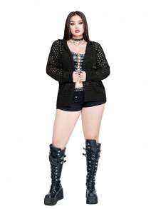 Whyspr Cárdigan con capucha tejido de estilo retro punk Y2K para mujer de talla grande, adecuado para vacaciones y uso casual - Blanco y Negro - Ver 5