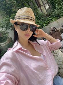 DAZY Áo sơ mi nữ tay dài màu hồng cổ bẻ rộng rãi, dáng rộng, màu trơn, mùa thu - Hồng - Xem 8