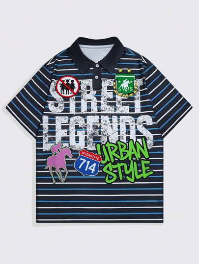 Prep Men's Preppy Summer Letter Striped Short Sleeve Casual Polo Shirt