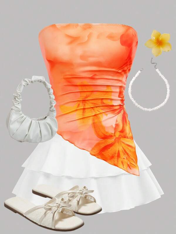 Girlism Teenager Mädchen-Outfit im Zweiteiler mit Orange- und Weißblumenmuster, Neckholder, Raffung, ungleichmäßigem Saum und Lagen