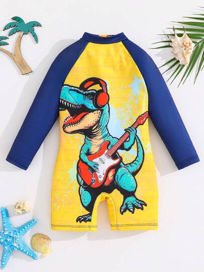 SHEIN 1 件装男童休闲恐龙印花拼接袖连体泳衣