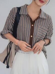 Dazy-Less Cárdigan de punto de estilo casual empresarial de mujer con bloqueo de color, a cuadros y rayas, de manga corta, para el verano