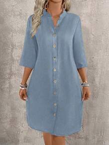 SHEIN LUNE Women's Casual Solid Color Front Button Dress, For Vacation