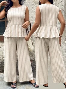 SHEIN LUNE 2件套加大码套装 - 条纹印花圆领无袖上衣和长裤