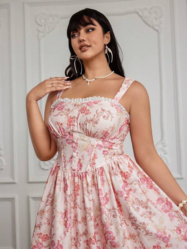 Lyrianda Rochie camisol romantică pentru femei, mărime plus, primăvară/vară, cu imprimeu floral și dantelă, cu nasturi în formă de ciupercă, decolteu pătrat, fără mâneci, potrivită pentru rochie de petrecere florală, rochie de ziua de naștere, rochie de dans formal, rochie de vară, rochie de primăvară, rochie de vară, rochie de nuntă, rochie roz, rochie de dans vintage, rochie de ziua de naștere, rochie formală, rochie de Paște, rochie elegantă