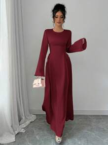 Elenzga 优雅杏色 A 字腰收腰喇叭袖连衣裙长款女装 - 酒紅色 - 查看 5