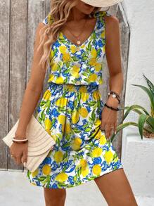 INAWLY Vestido de verano sin mangas con cuello en V y estampado de limón para mujeres
