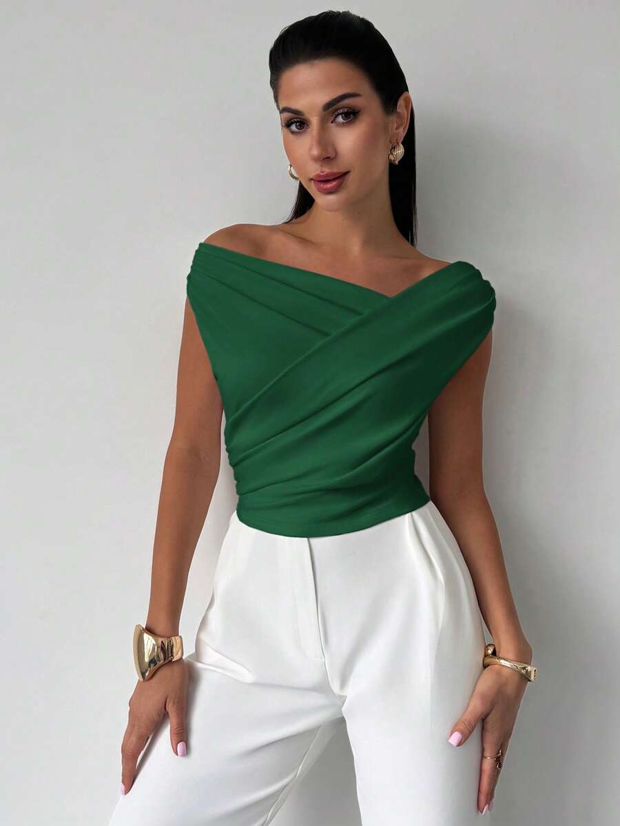 Firerie 女式优雅简约精致别致休闲日通勤音乐节假日不对称领口垂坠白色短款上衣，春夏 - 墨綠色 - 查看 1