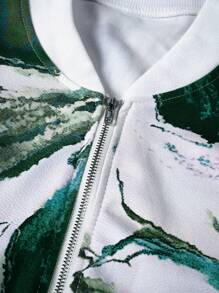 SHEIN LUNE Áo khoác Varsity in hoa cỡ lớn có khóa kéo phía trước dành cho nữ - Màu xanh lá cây đậm - Xem 4