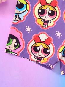 THE POWERPUFF GIRLS X SHEIN 2 件套女婴花朵、泡泡、毛茛图案 T 恤和短裤套装，春夏 - 紫色 - 查看 7