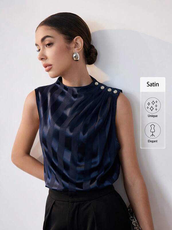 Uhlyne Bluză elegantă fără mâneci, cu guler înalt și model de notă muzicală în dungi, pentru femei, de vară