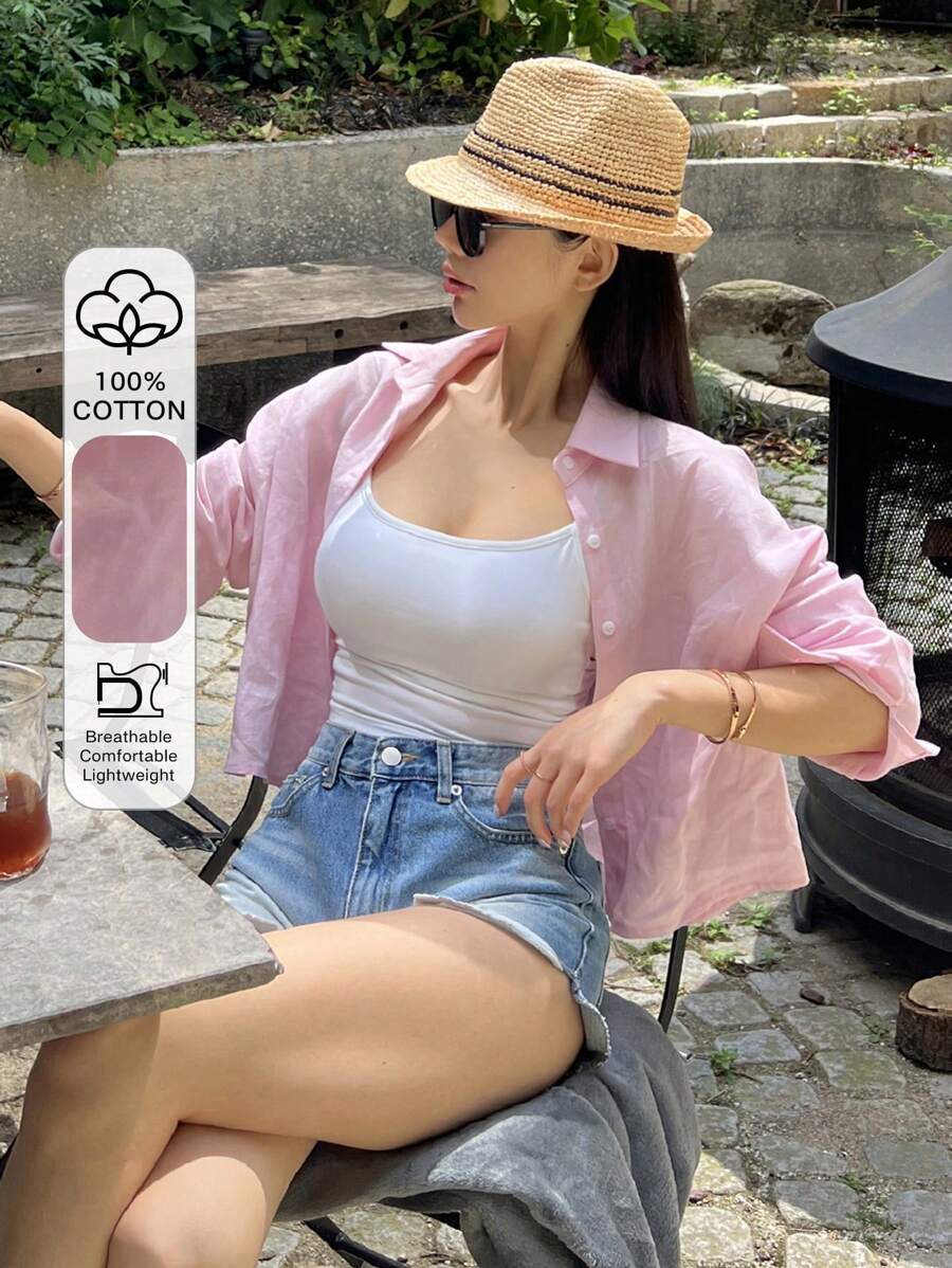 DAZY Áo sơ mi nữ tay dài màu hồng cổ bẻ rộng rãi, dáng rộng, màu trơn, mùa thu - Hồng - Xem 1