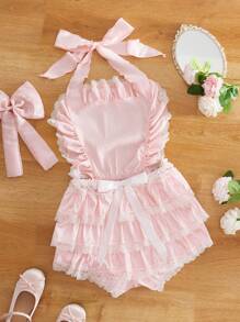 Romper sexy pentru femei, cu volan în mai multe straturi, garnitură din dantelă, decor cu fundă, spate deschis, cravată, stil prințesă, din tafta cu pliuri, drăguț - Roz - Vizualizare 9