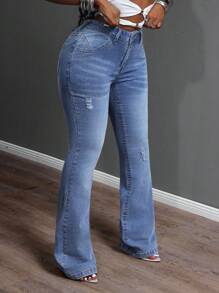 Slaydiva Jeans con campana bordados y decorados con rhinestones para mujer - Lavado ligero - Ver 6