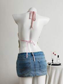 Elamini Women's Summer Lace-Up V-Neck Backless Floral Pattern Decorated Vacation Camisole