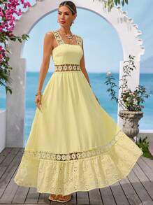 Vivid Eden 女式度假休闲纯色荷叶边纹理面料 A 字形吊带连衣裙 - 黃色 - 查看 5