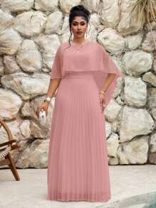 Fleurora 春夏优雅通勤办公室派对婚礼酒会音乐会/音乐节白色编织雪纺圆领喇叭形系带褶皱四分之一袖大码连衣裙优雅女装高档服装，女士正式礼服 - 粉色 - 查看 5