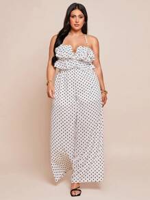 SHEIN BAE Macacão Elegante de Bolinhas Pretas com Babados em Camadas Tamanhos Grandes para Mulheres, Uso Casual Diário, Primavera/Verão - Branco - Visão 4