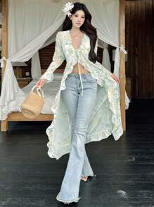 DAZY 新款秋季碎花连衣裙，适合节日/节日装扮长袖连衣裙 - 白色 - 查看 5