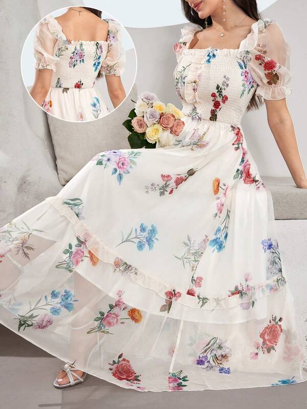 Modelyn Vestido largo con volantes en el bajo, impresión digital para mujeres