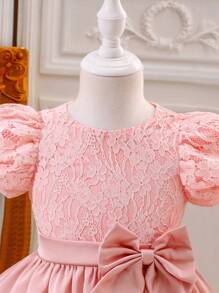 SHEIN Glamorique Kids Young Girl Lace Patchwork Round Neck Puff Sleeve Short Sleeve Party Dress, Spring/Summer - Pink - View 5