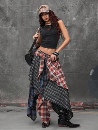 Grunge Punk Vintage-Art Patchwork Asymmetrie Saum Kontrastfarbe 2 in 1 plissierter Rock für Frauen