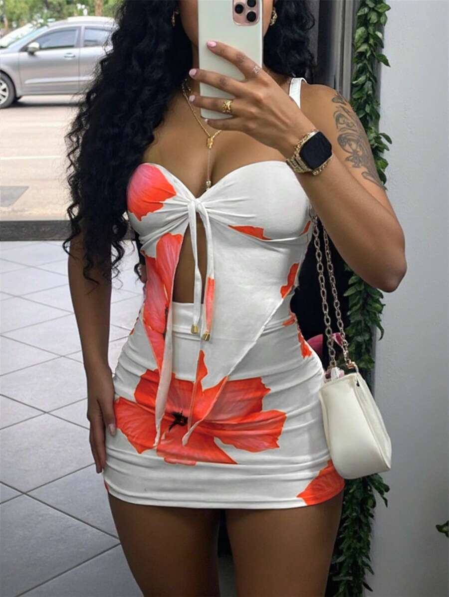 INAWLY Women Summer Vacation Camisole Top & Mini Skirt 2 Pieces Set Orange - Orange - View 1