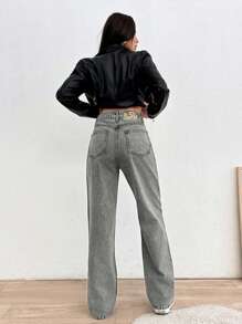 EURMUSE 高腰灰色直筒中号牛仔裤 - 灰色 - 查看 2