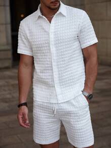 Manfinity RelaxMax Men's Solid Color Short Sleeve Single-Breasted Casual Shirt & Shorts Set, Summer - White - View 5