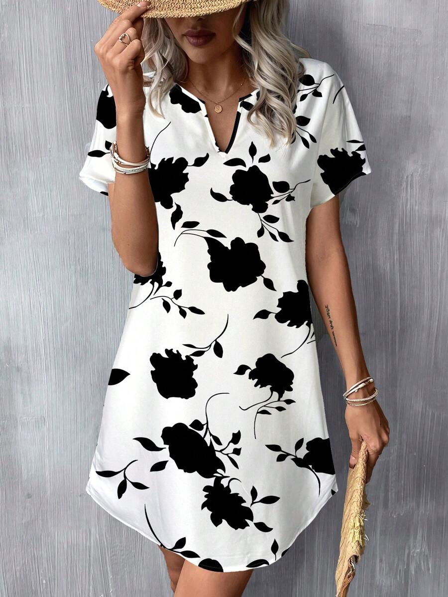 SHEIN LUNE 休闲简约白色花卉印花 V 领编织迷你连衣裙，适合春夏季