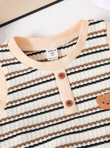 Set de 2 piezas con chaleco y pantalones cortos estampados con rayas y dibujos animados para niños en verano