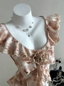 SHEIN Unity Camisa de verano con estampado floral naranja, adornada con cuentas y ribete de volantes para mujeres - Multicolor - Ver 3