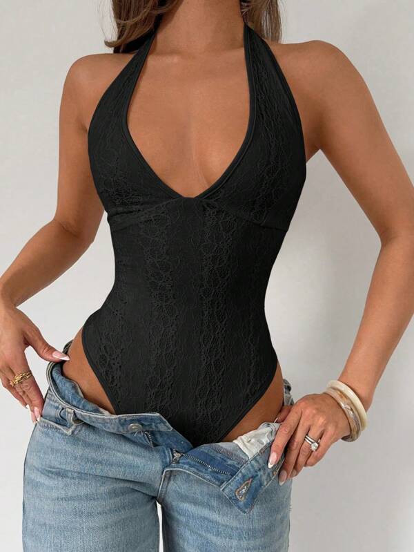 Islaluna Slim Fit Sexy Lace Halter Neck Black Bodysuit