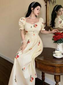 DAZY Elegante vestito lungo da donna con ricamo floreale in vita