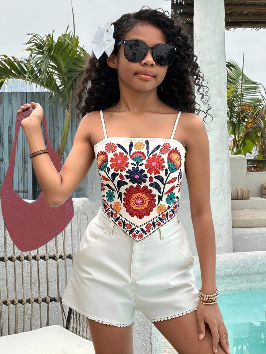 SHEIN Tween 女童花卉印花不对称下摆吊带背心，休闲款 - 杏色 - 查看 1