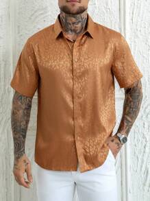 Manfinity AFTRDRK Men's Short Sleeve Jacquard Dress Shirt, Silk-Like Texture Men Cheetah Shirt Men S Cheetah Shirt Apricot Shirt For Men Men S Apricot Shirt Animal Print Men Shirt