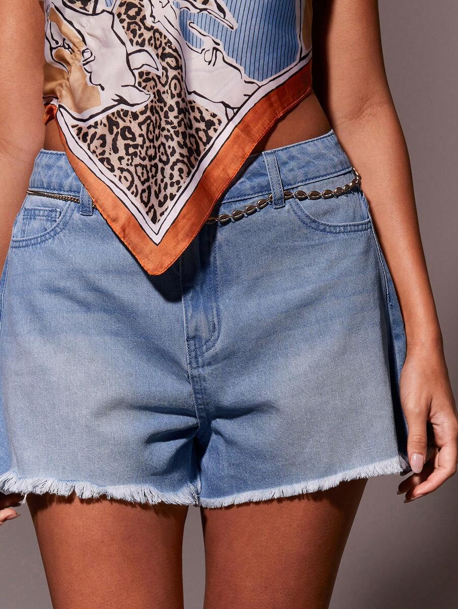 Athîral Quần short denim tua rua giặt thường ngày cho nữ - Rửa nhẹ - Xem 1