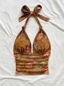 Soleia 女士节日针织网眼复古印花露背 V 领蝴蝶结网眼褶皱浪漫背心，适合约会、音乐节、性感、派对、海滩巡游、复活节、狂欢节、下午茶 - 彩色 - 查看 4