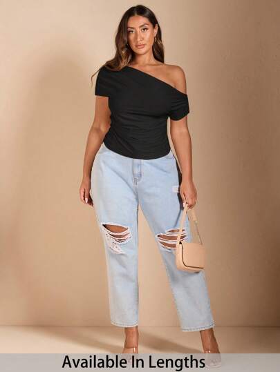 SHEIN Tall CURVE 大码女式不对称肩短袖纯色T恤 夏季，外出上衣 女士情人节