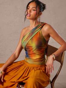 Hauture 性感夏日假期抽象印花扭纹单肩褶饰上衣 - 彩色 - 查看 3