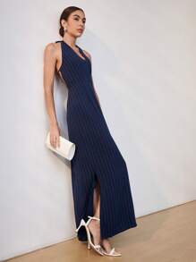 Uhlyne 女式常规长度 V 领露背亚麻条纹休闲简约直筒连衣裙，适合通勤和办公室 - 藏蓝色 - 查看 7