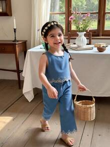 SHEIN Vintaside Kids Little Girl Clothes Sets Baby Girl Fashion Hem Embroidery Sleeveless Top And Long Pants 2-Piece Set - Blue - View 9