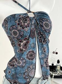 Elamini Maiou de damă cu imprimeu floral albastru vintage, cu guler halter, stil vacanță de primăvară/vară - Multicolor - Vizualizare 6