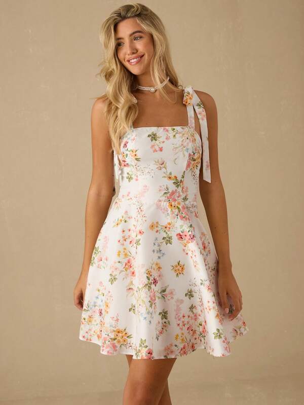 Enchnt Rochie camisolă cu imprimeu floral și umeri legați pentru femei, stil vacanță