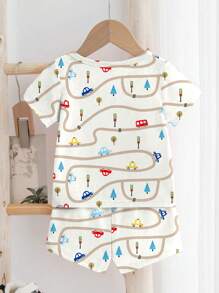 SHEIN Baby BoyCartoon Pattern Loose Casual 2pcs Pajama Set, Suitable For Summer - Multicolor - View 2