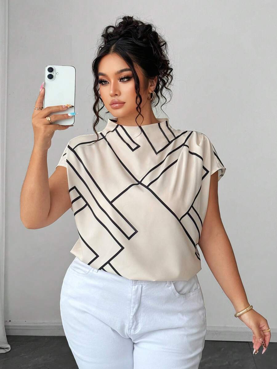 Elenzga Plus Size Women's Summer Asymmetrical Stripe Geometric Print Casual Sleeveless Stand Collar Loose Shirt Women Summer Clothing Summer Clothes Women Clothes Tops For Women Elegant Women Summer Shirts Women Plus Clothing Formal Women Plus Clothing Business Casual Tops For Women Women Blouses Elegant Shirts For Women Elegant - Apricot - View 1