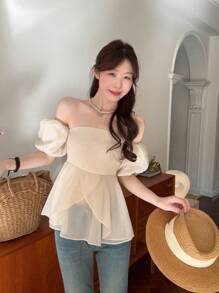 DAZY 女士泡泡袖露肩韩版衬衫夏季荷叶边娃娃装上衣露肩上衣 - 杏色 - 查看 4